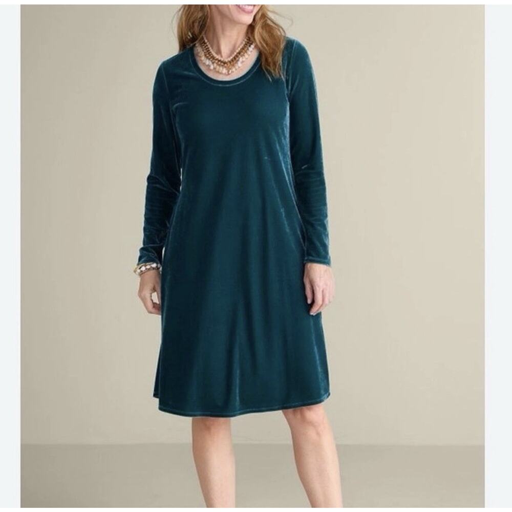 New Soft Surroundings Women Velvet Dress Knee Length XS Stretch Velour Green Af5